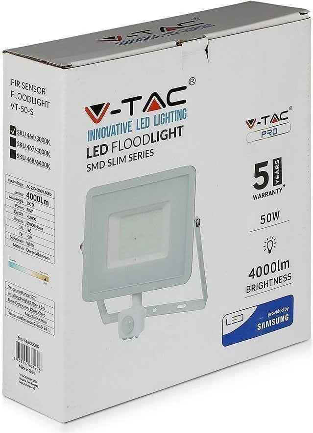 Projektor LED V-TAC VT-50-S-W 50W SAMSUNG CHIP Sensor lëvizjeje 3000K 4000lm Bardhë