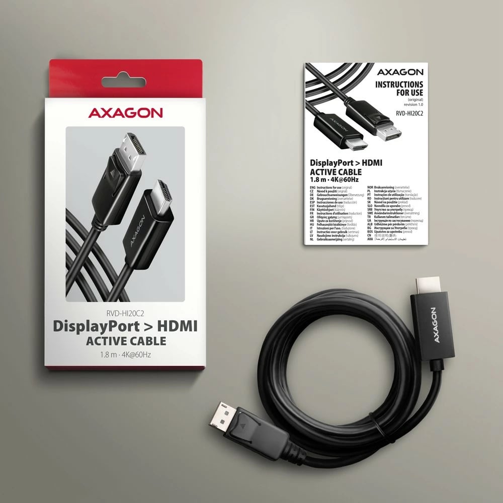 Adapter kabllo DisplayPort në HDMI AXAGON RVD-HI20C2, 1.8m, 4K/60Hz, i zi