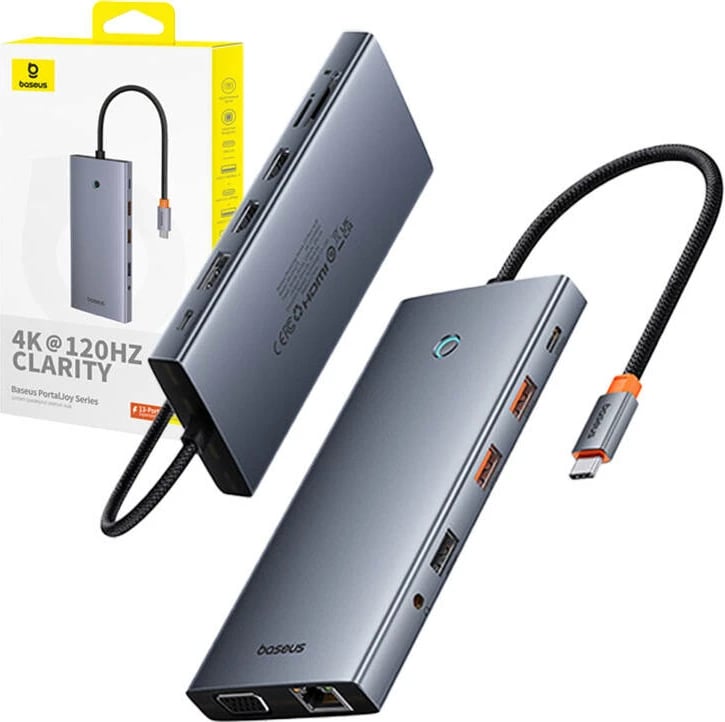 Hub Baseus PortalJoy 13in1, USB-C në HDMI+DP+VGA+C+USB+PD+RJ45+SD/TF+3.5mm, Gri