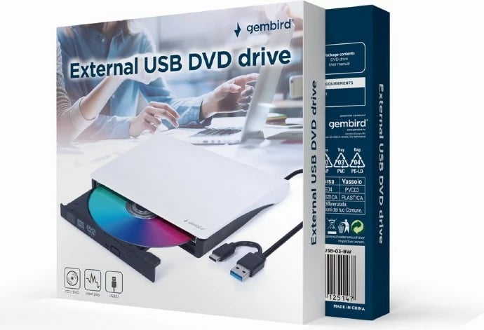 Disk optik Gembird DVD-USB-03-BW, DVD±RW, USB Type-C, Zi, Bardhë