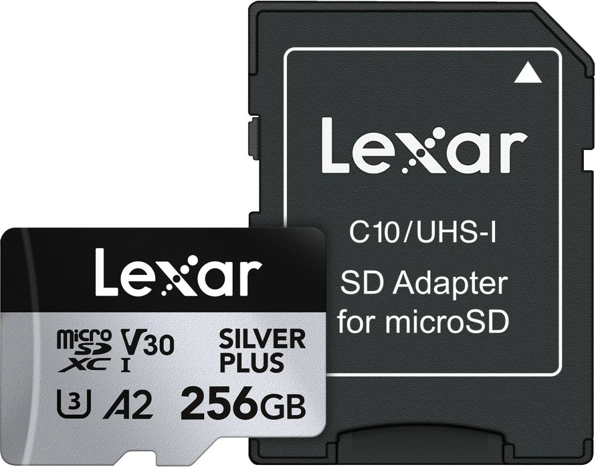 kartë microSD Lexar LMSSIPL256G-BNANG 256GB UHS-I A2 U3 V30 205/150MB/s, ngjyrë argjendtë Silver Plus, me adapter SD