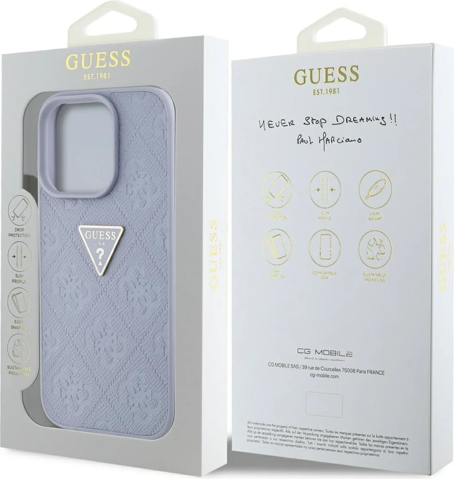 Mbështjellës Guess Hot Stamp 4G Pattern Triangle Metal Logo për iPhone 16 Pro, Vjollcë