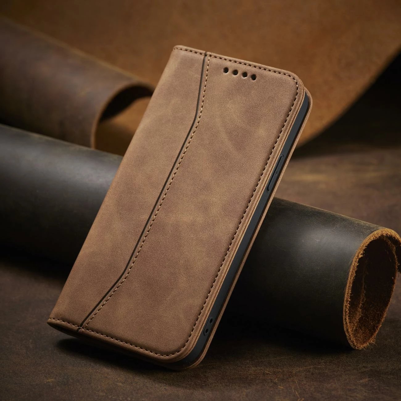 Mbështjellës Hurtel Magnet Fancy Case për iPhone 12 Pro Max, me portofol dhe mbajtëse, Kafe