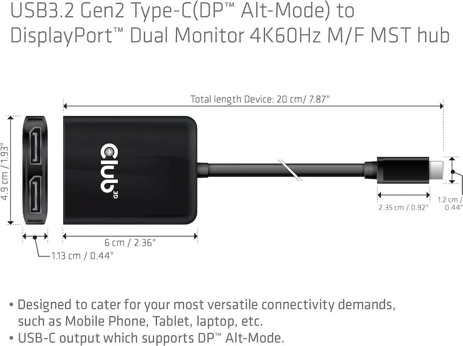 Adapter MST-Hub Club3D USB Type-C në 2x DisplayPort 4K60Hz, 1.5m, zi