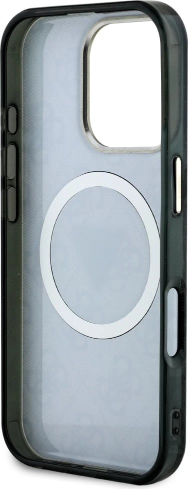 Mbështjellës Guess IML Metal Glitter 4G Circle Triangle MagSafe për iPhone 16 Pro Max, Zi