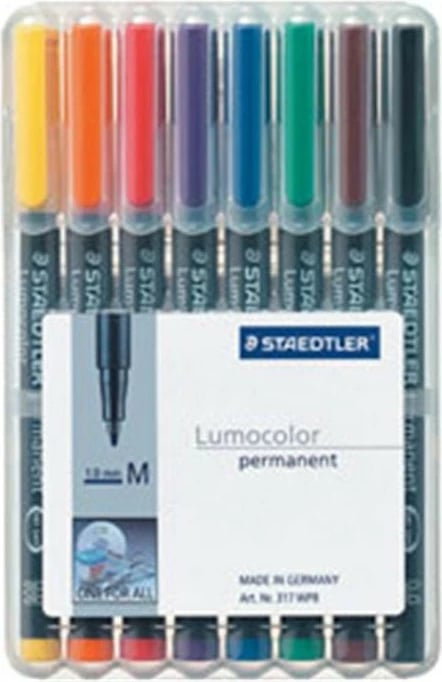 Set stilolapsa permanent STAEDTLER Lumocolor 317 WP8, 8 ngjyra, 1mm, kuti plastike transparente