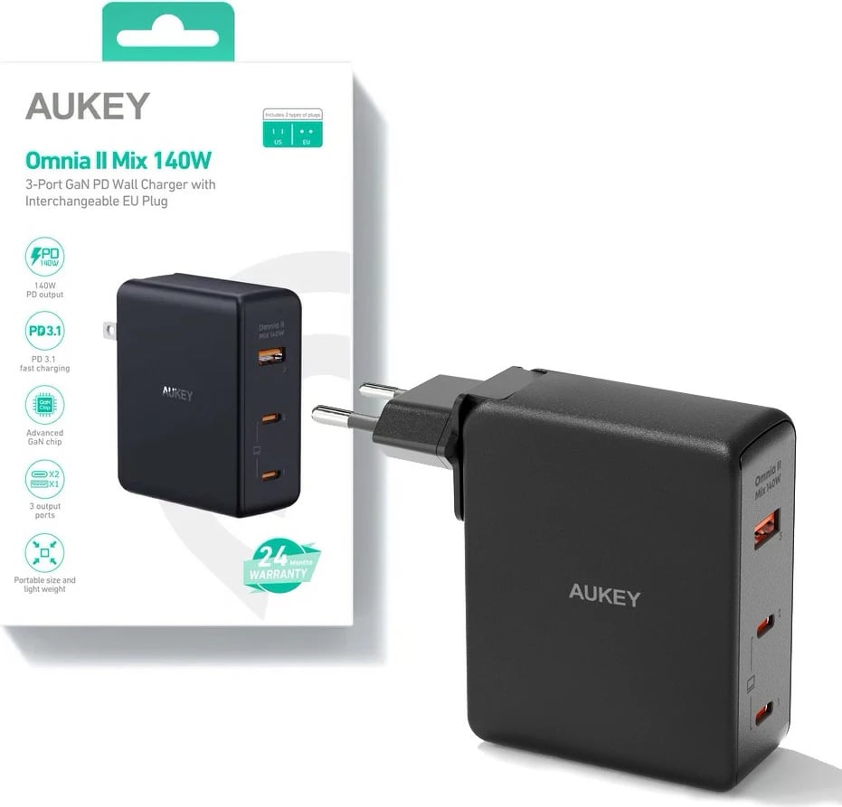 Karikues murit AUKEY PA-B7O Omnia II, 140W, 3xUSB (2xUSB-C + 1xUSB-A), i zi, me adapterë ndërkombëtarë