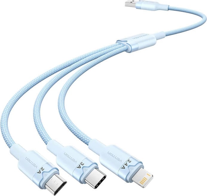 Kabllo 3-në-1 Vention CTPLG, USB 2.0 A në USB-C/Lightning/Micro-B, 1.5m, Blu
