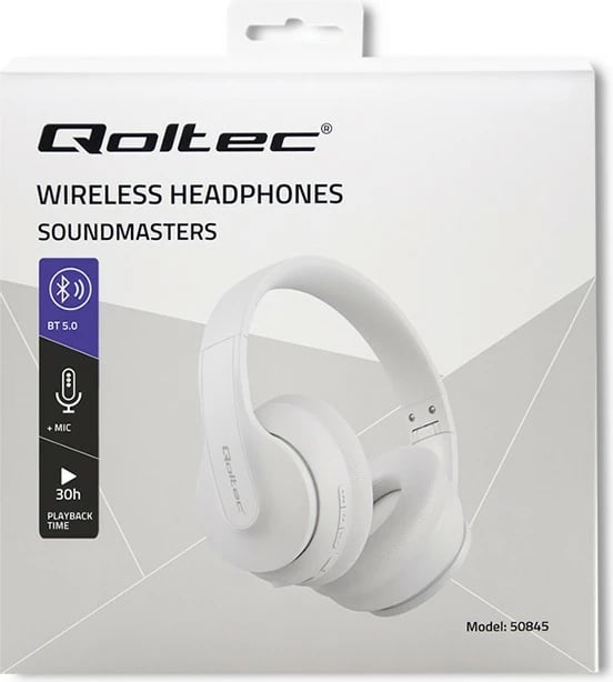 Kufje pa tela Qoltec 50845 me mikrofon, Bluetooth 5.0, Stereo, Bardhë