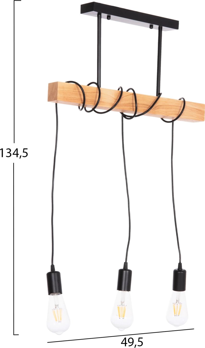 Llambë tavani me 3 drita, metal dhe dru, VOLKS FH4658, 49.5x5x134.5cm