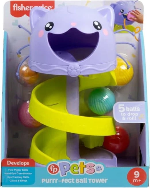 Lodër edukative Fisher Price FP Pets Cat Tower HTW92, për fëmijë, vjollcë/verdhe, 5 toptha