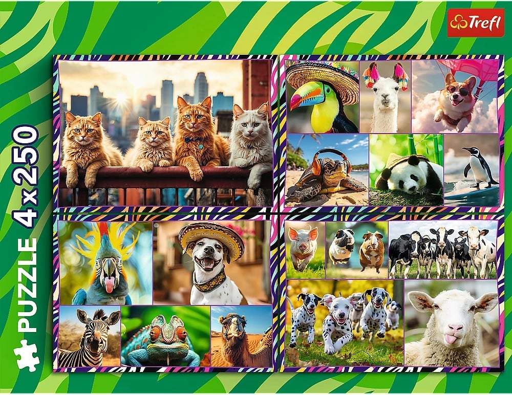Puzzle Trefl 4x250 Funny Animals për fëmijë, karton, set me 4 copë