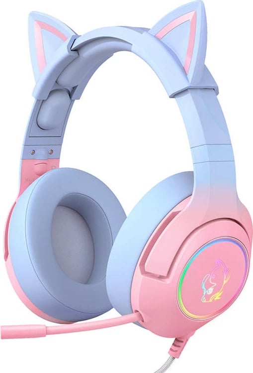 Kufje gaming ONIKUMA K9 me mikrofon, pink-blue, me veshë maceje, RGB