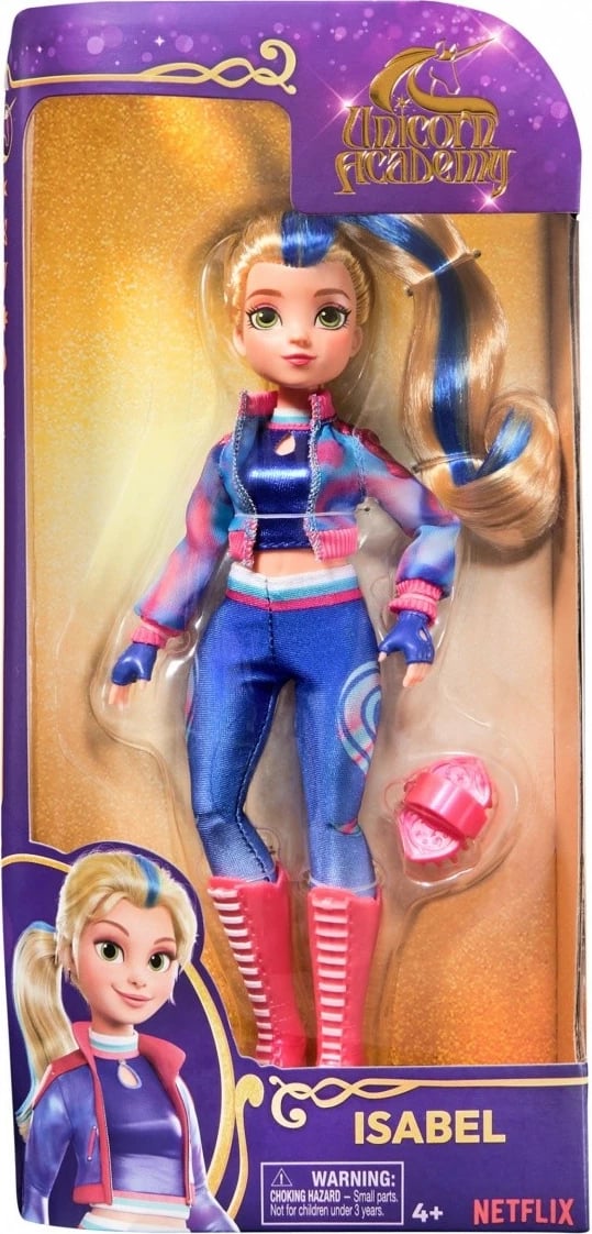 Kukull Unicorn Academy Spin Master Isabel 23 cm, me flokë blu, me 5 aksesorë