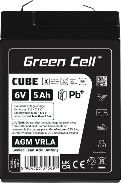 Bateri AGM VRLA, Green Cell, AGM6V5AH-J, 6V 5Ah, IP54, e zezë