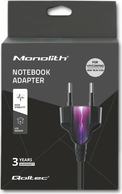 Adapter rryme për laptop Qoltec 50069.65W, 65W, 18.5V, 3.5A, për HP/Compaq, i zi