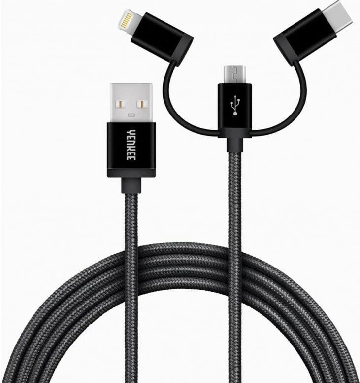 Kabllo universale YENKEE YCU 400BK, 1m, USB A në USB C/Micro USB/Lightning, e zezë