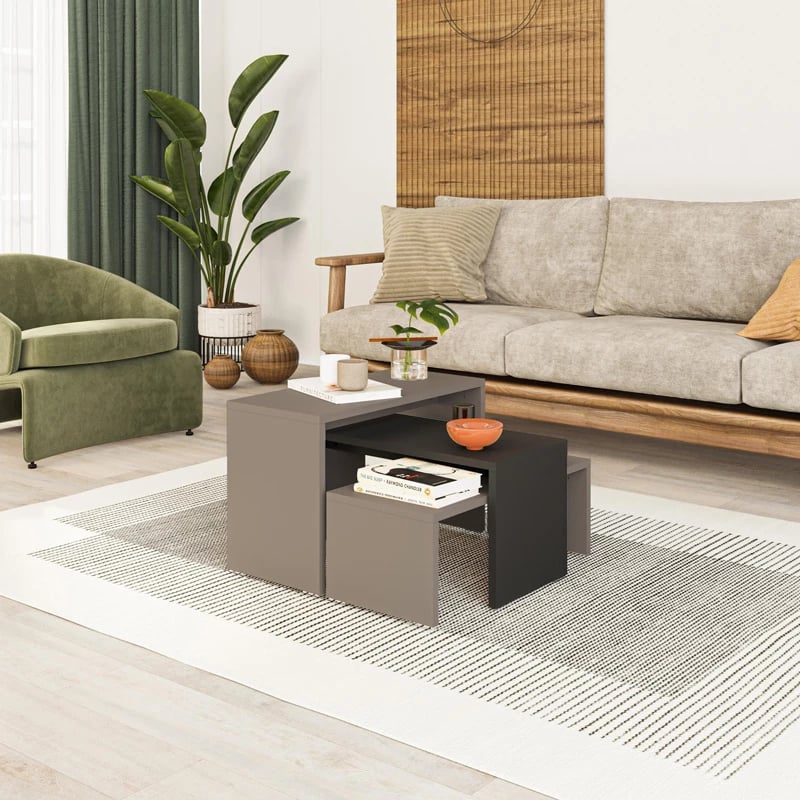 Set tavolinash kafeje Kantar, 3 copë, ngjyrë antracit-moka, 65x30x39cm