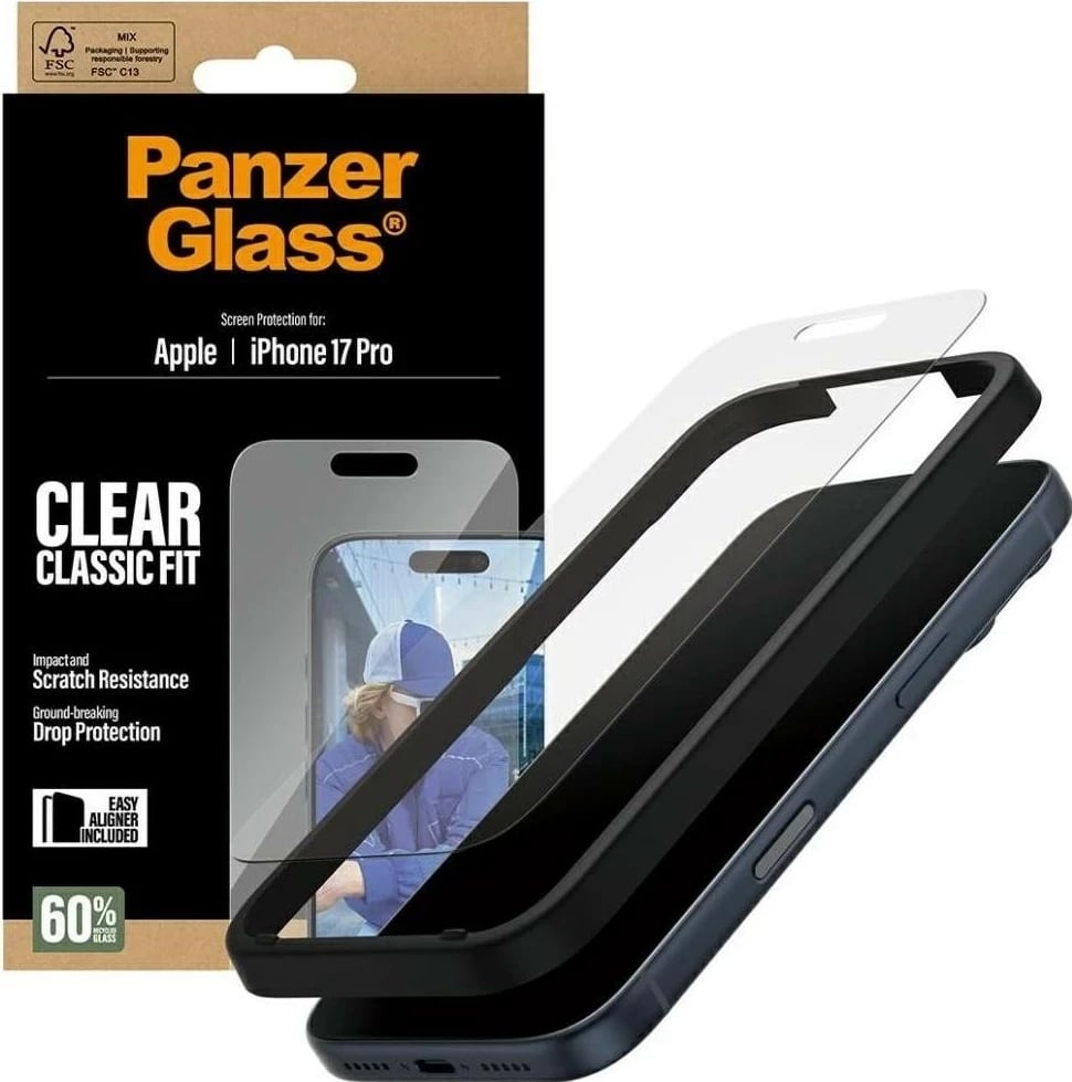 Mbështjellës xhami PanzerGlass Classic Fit EasyAligner për iPhone 17 Pro, transparent