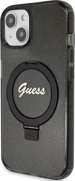 Mbështjellës Guess Ring Stand Script Glitter MagSafe për iPhone 15 Plus / 14 Plus, i zi