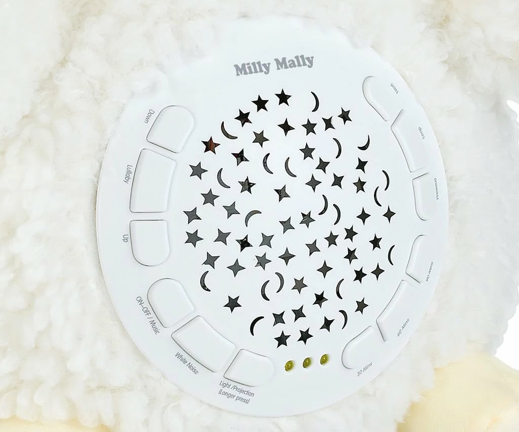 Lodër pellushi me projektor, Milly Mally, dele, 10 ninulla, 5 zhurma të bardha, 7 drita, timer 30/60/90 min, 5 nivele volumi, e bardhë