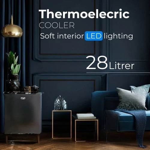 Mini frigorifer termoelektrik, Adler, AD 8089, 28 L, raft xhami, dritë LED, 100-240V, i zi