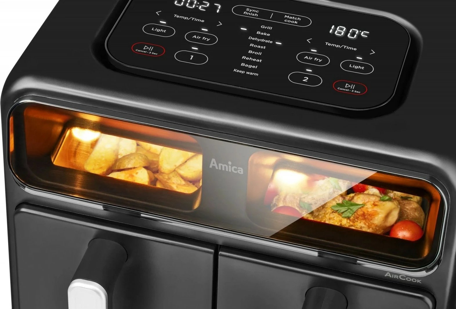 Fritezë me ajër, Amica, AFM 7020, me dy dhoma, 8 L, 2400 W, panel me prekje, dritare vëzhgimi, e zezë