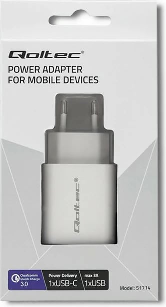 Karikues rrjeti Qoltec 51714, 18W, USB Type C PD & USB QC 3.0, Bardhë