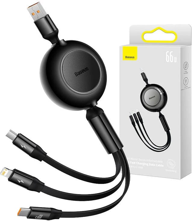 Kabllo 3-në-1 Baseus Bright Mirror 3, USB-C/Lightning/Micro USB, 1.1m, 66W, e zezë