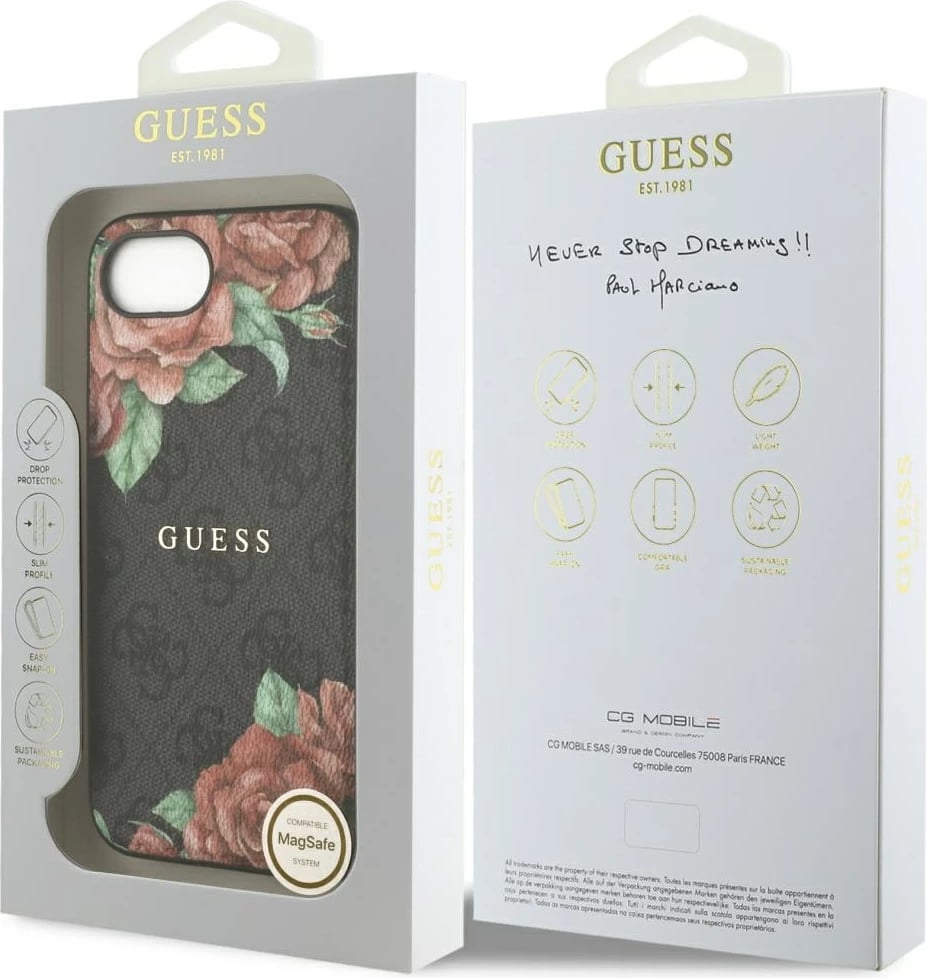 Mbështjellës Guess 4G Flowers Print MagSafe për iPhone 16e, i zi