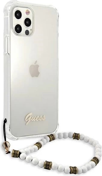 Mbështjellës Guess GUHCP12MKPSWH për iPhone 12/12 Pro 6.1", transparent me varëse perlë