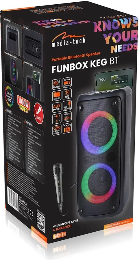 Altoparlant portativ Media-Tech FUNBOX BT MT3181, Bluetooth 5.0, 40W, RGB, me mikrofon, i zi