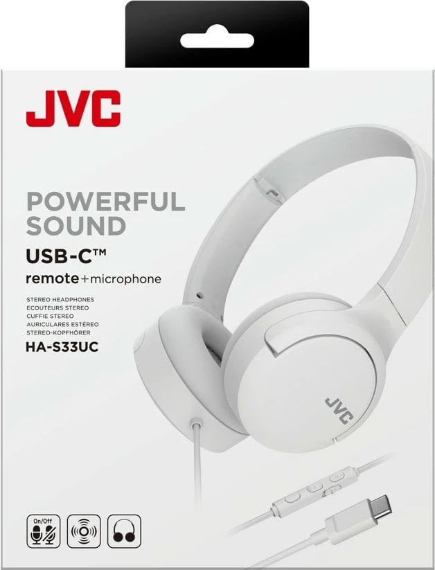 Kufje, JVC, HA-S33UC, USB-C me mikrofon dhe kontroll zëri, kabëll 1.2 m, bardhë