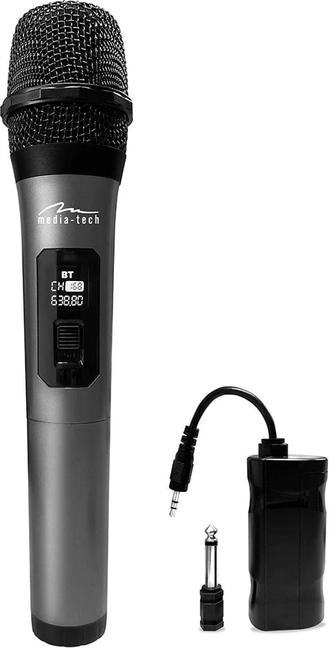 Mikrofon pa tela, Media-Tech MT398, 2.4 GHz 20 m, LCD, për altoparlantë me 3.5 mm/6.3 mm, set, zi/grafit