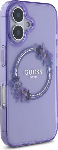Mbështjellës Guess IML Flowers Wreath MagSafe për iPhone 16, vjollcë