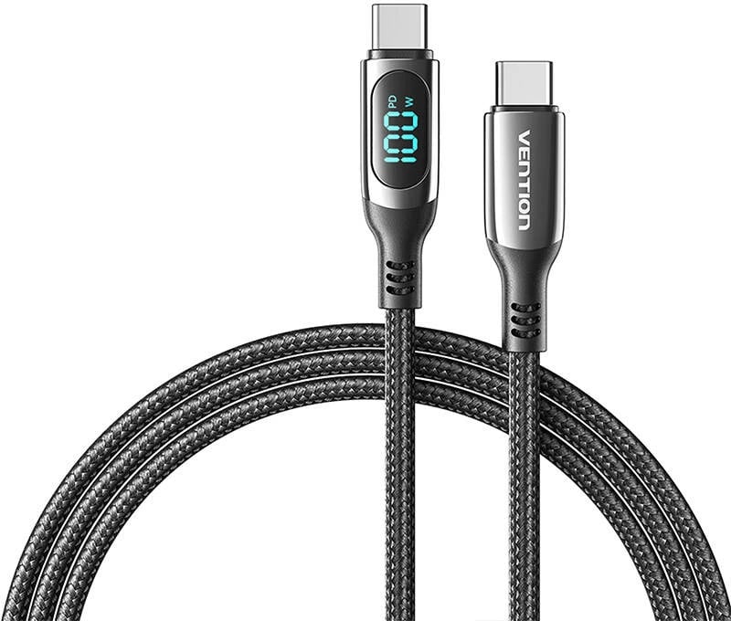 Kabllo USB-C në USB-C Vention TAYBAV, 1.2m, 100W, me ekran LED, e zezë