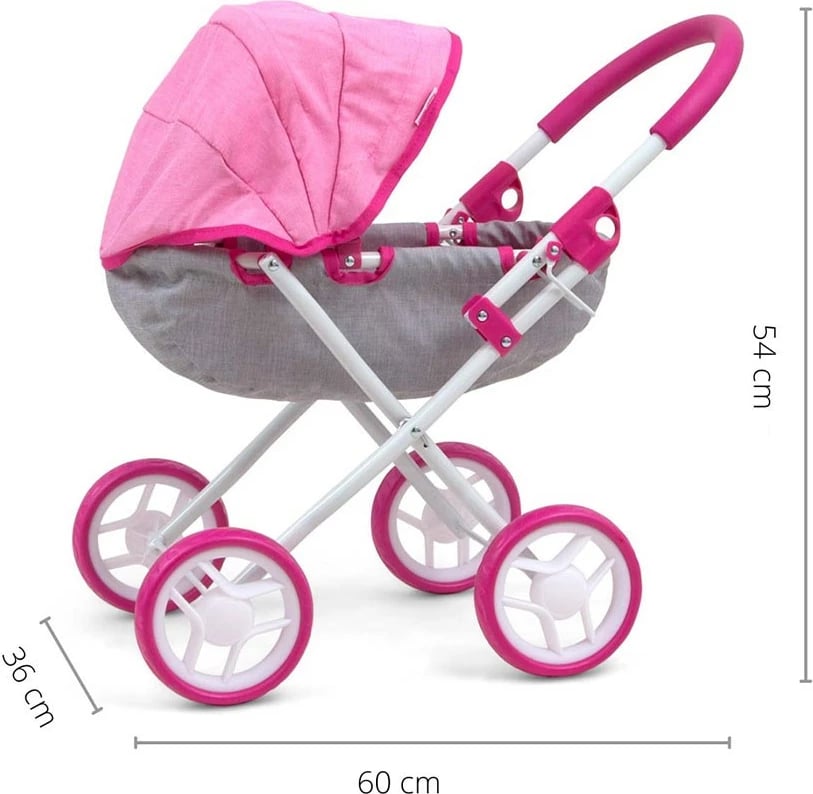 Karrocë për kukulla, Milly Mally Dori Prestige, për kukulla deri 40 cm, e palosshme, me tendë dhe dyshek, rozë