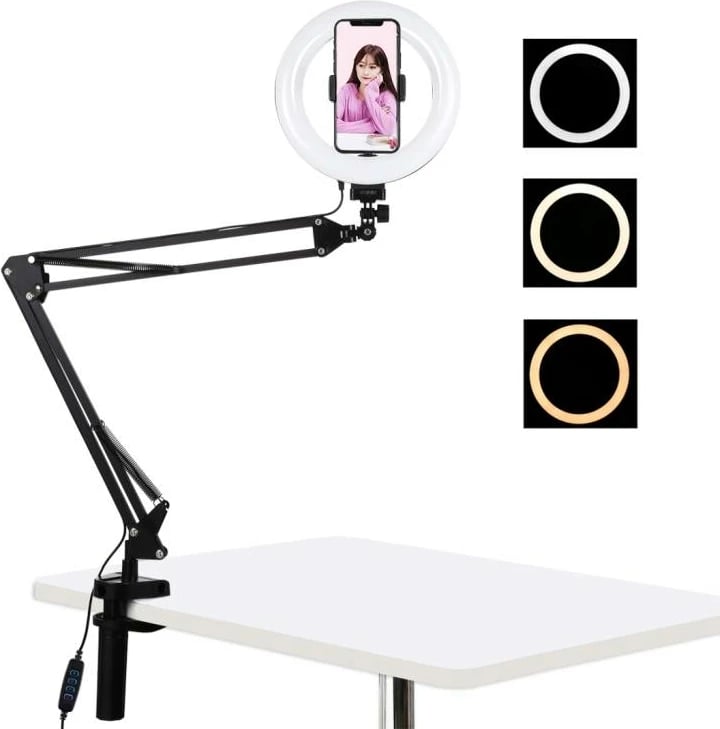 Mbajtës tavoline me ring light Puluz PKT3089B, 20cm, 3 ngjyra, me USB