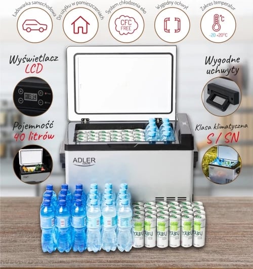 Frigorifer portativ me kompresor, Adler, AD 8081, 40L, ekran LCD, diapazon -20°C deri +20°C, gri/zi