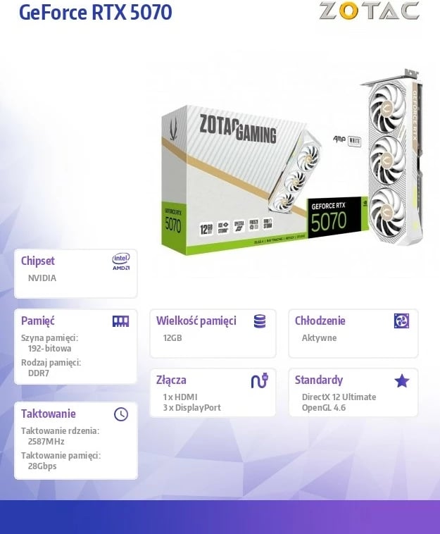 Kartë grafike, ZOTAC, GeForce RTX 5070 AMP, 12GB GDDR7 192-bit PCIe 5.0, 3xDP/HDMI, e bardhë