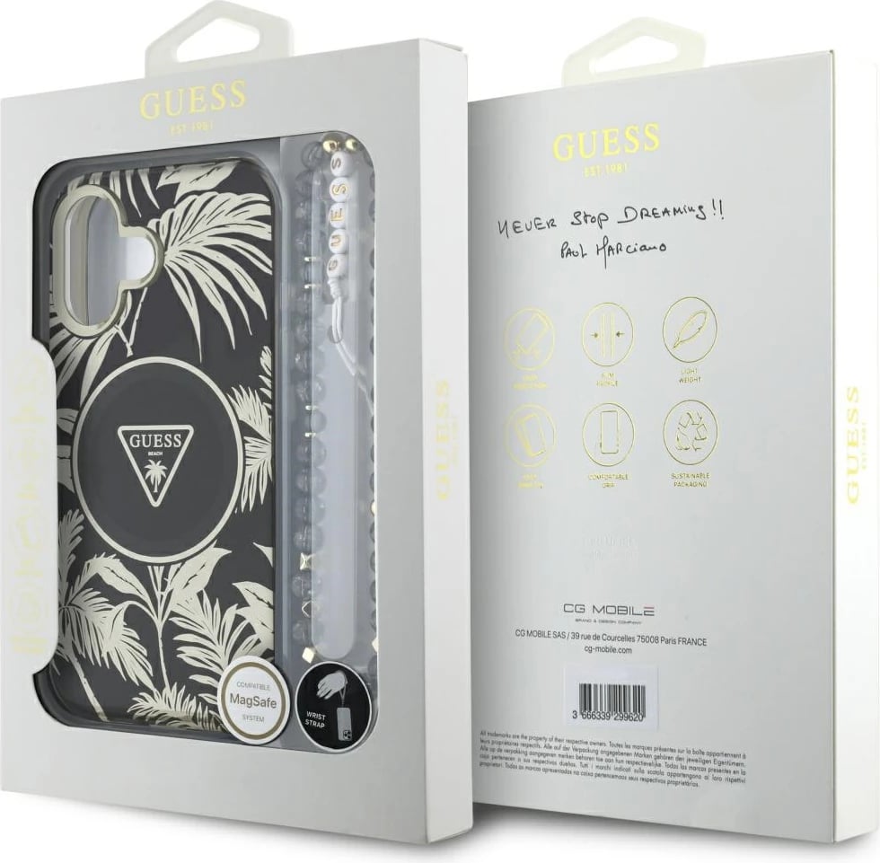 Mbështjellës Guess Palm Trees Triangle Pearl Strap MagSafe për iPhone 16, i zi