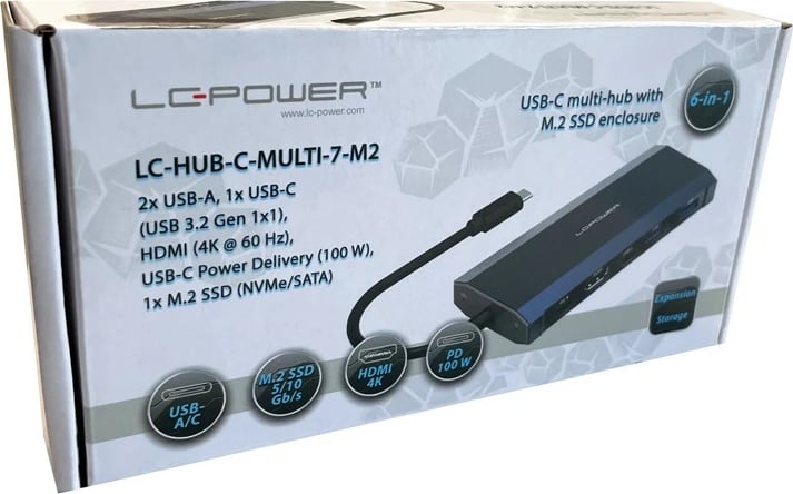 USB hub LC-Power LC-HUB-C-MULTI-7-M2, 2x USB-A, 2x USB-C, HDMI, M.2 SSD, 100W, antracit