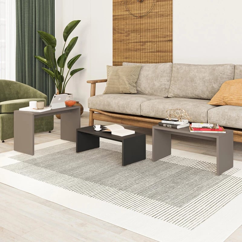 Set tavolinash kafeje Kantar, 3 copë, ngjyrë antracit-moka, 65x30x39cm