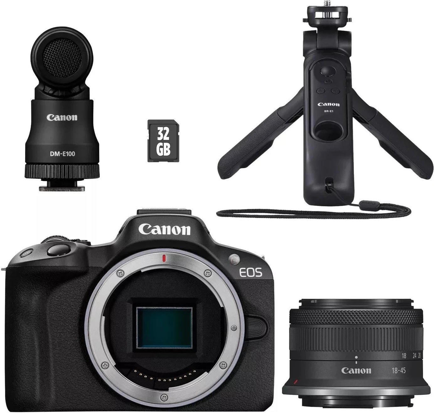 Kamerë Canon EOS R50, me objektiv RF-S 18-45 IS STM, e zezë