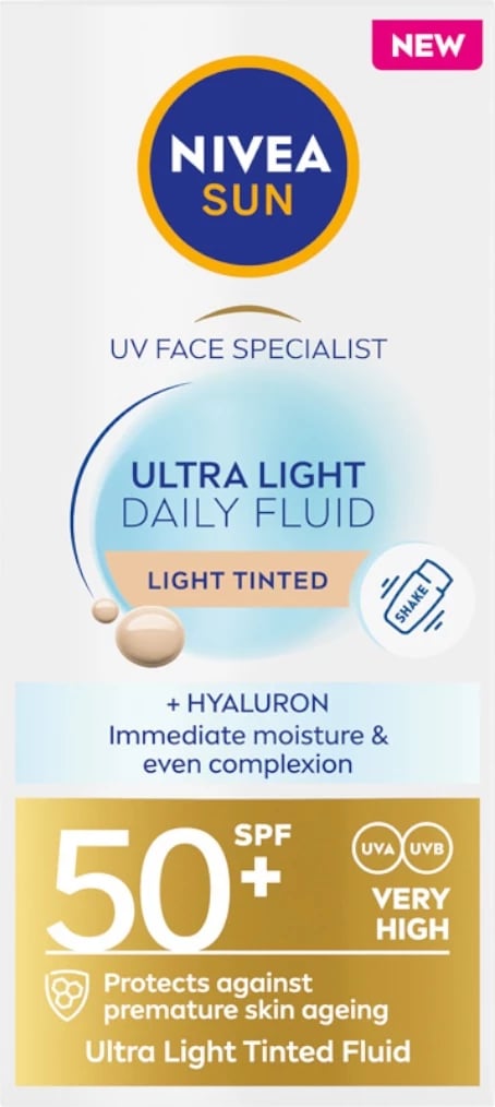 Fluid për fytyrë me mbrojtje dielli për femra Nivea Ultra Light Daily Fluid SPF50+ Light Tinted, 40ml