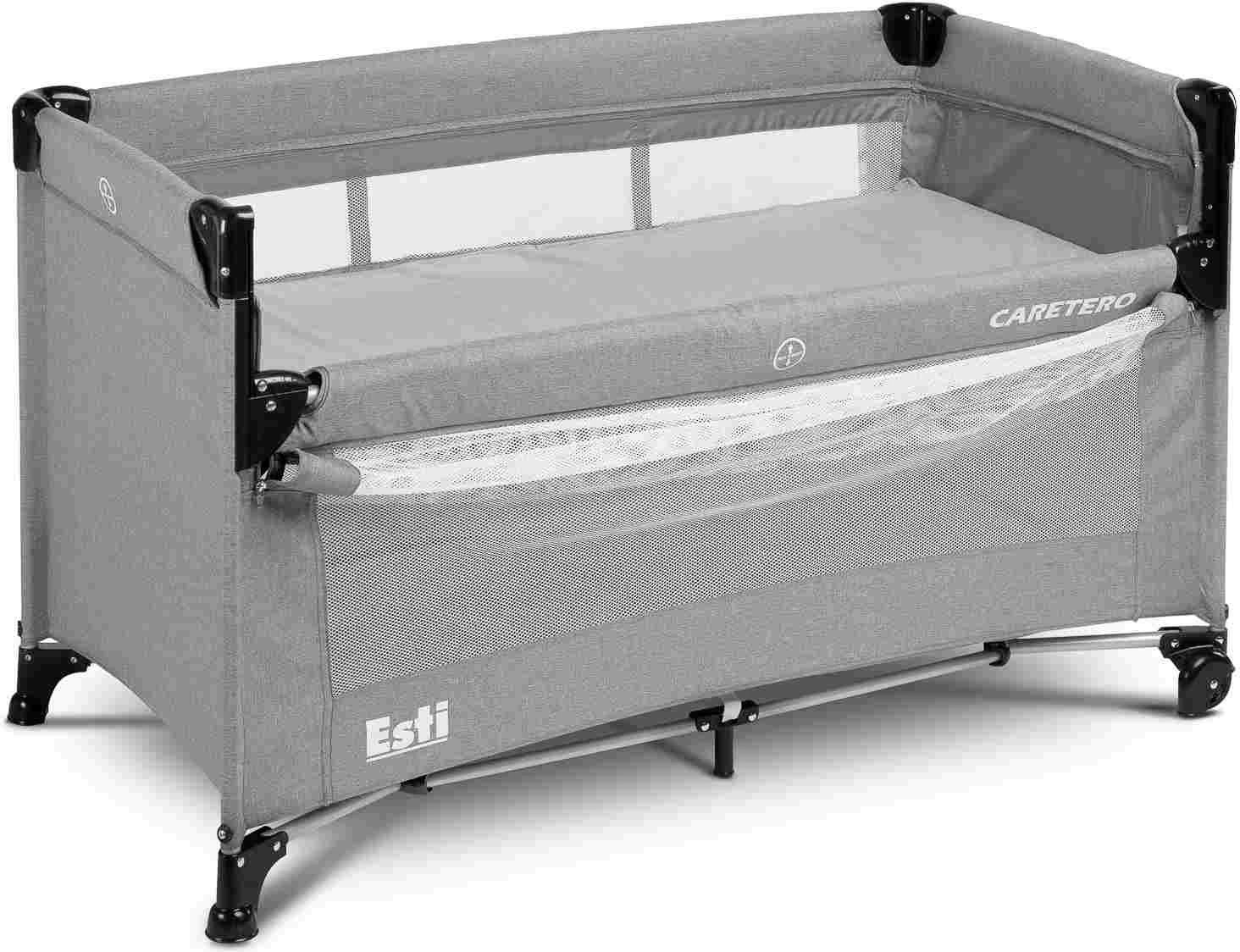 Krevat udhëtimi, CARETERO, Esti, 120x60 cm, me anësore të ulshme dhe rrota, gri