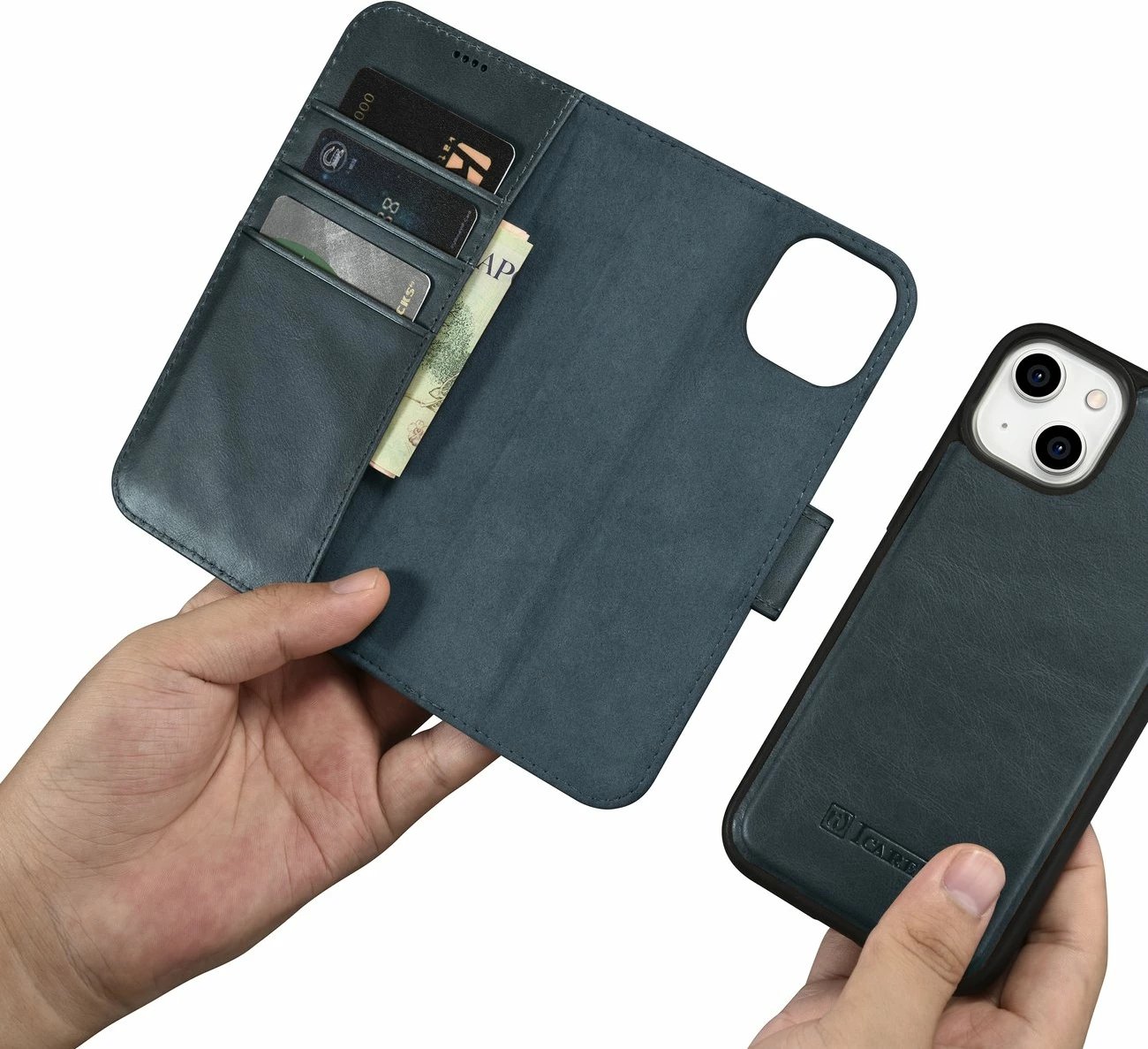 Mbështjellës iCarer Oil Wax Wallet 2in1 për iPhone 14 Plus, lëkurë, Anti-RFID, Blu
