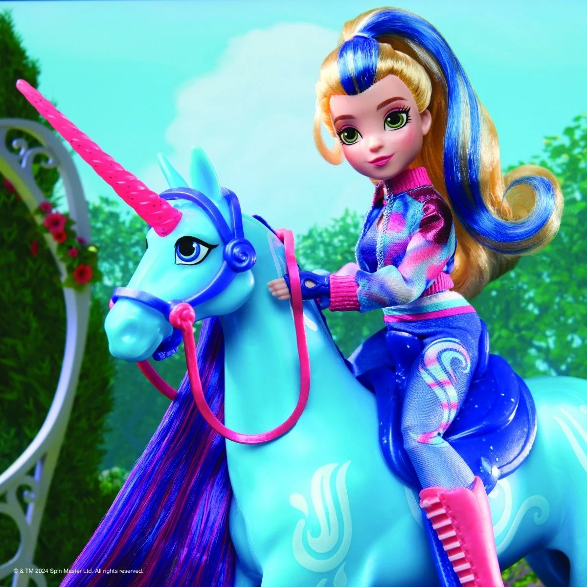 Kukull Unicorn Academy Spin Master Isabel 23 cm, me flokë blu, me 5 aksesorë