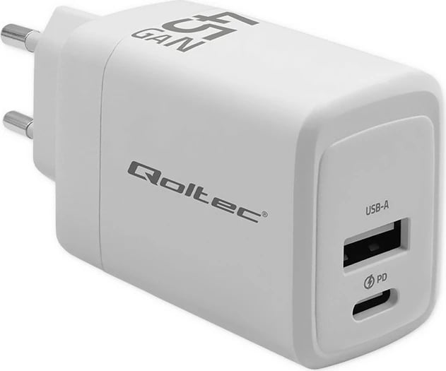 Karikues muri Qoltec 45W GaN, 1x USB-C PD, 1x USB QC 3.0, Bardhë