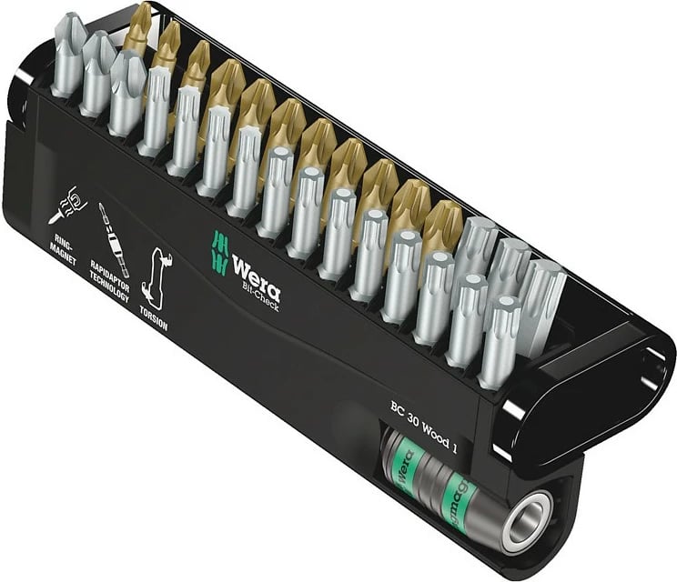 Set bitash Wera Bit-Check 30 Wood 1, 30 copë, Phillips, Pozidriv, Torx, magnetik, plastik